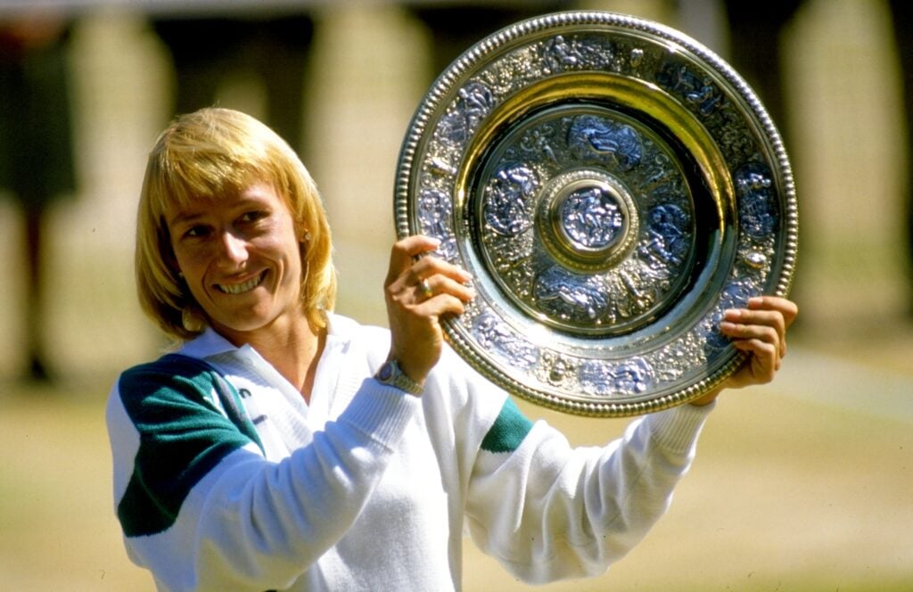 Martina Navratilova of the USA holds up the winner plate after winning the Wimbledon Championships played at Wimbledon, London, England.