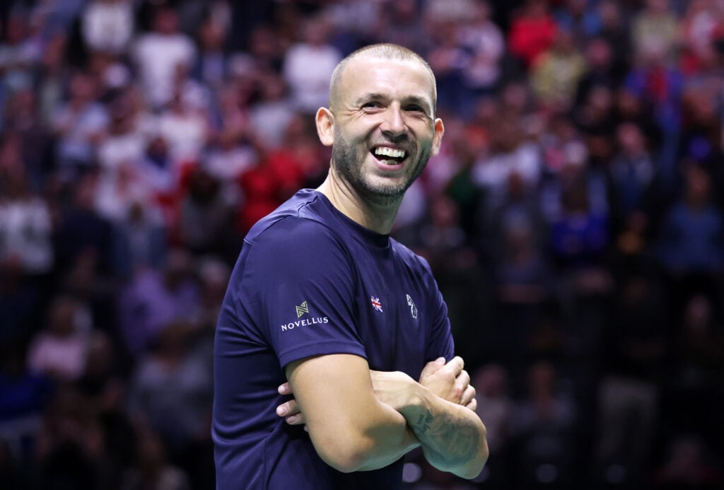 Daniel Evans of Great Britain celebrates winning in the Australia v Great Britain Match 2 against Alex De Minaur of Australia during day two of the Davis Cup Finals Group Stage Manchester at AO Arena on September 13, 2023 in Manchester, England.