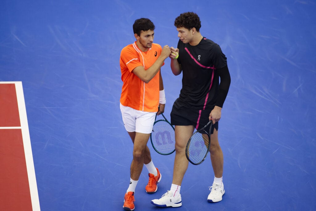 Emilio Nava (USA) and Ben Shelton (USA) play doubles during the Dallas Open on February 8, 2024 at Styslinger/Altec Tennis Center in Dallas, TX.