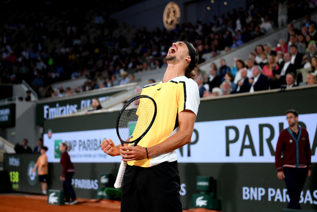Alexander Zverev of Germany celebrates against Casper Ruud of Norway in the Men's Singles Semi-Final match during Day Thirteen of the 2024 French Open at Roland Garros on June 07, 2024 in Paris, France.