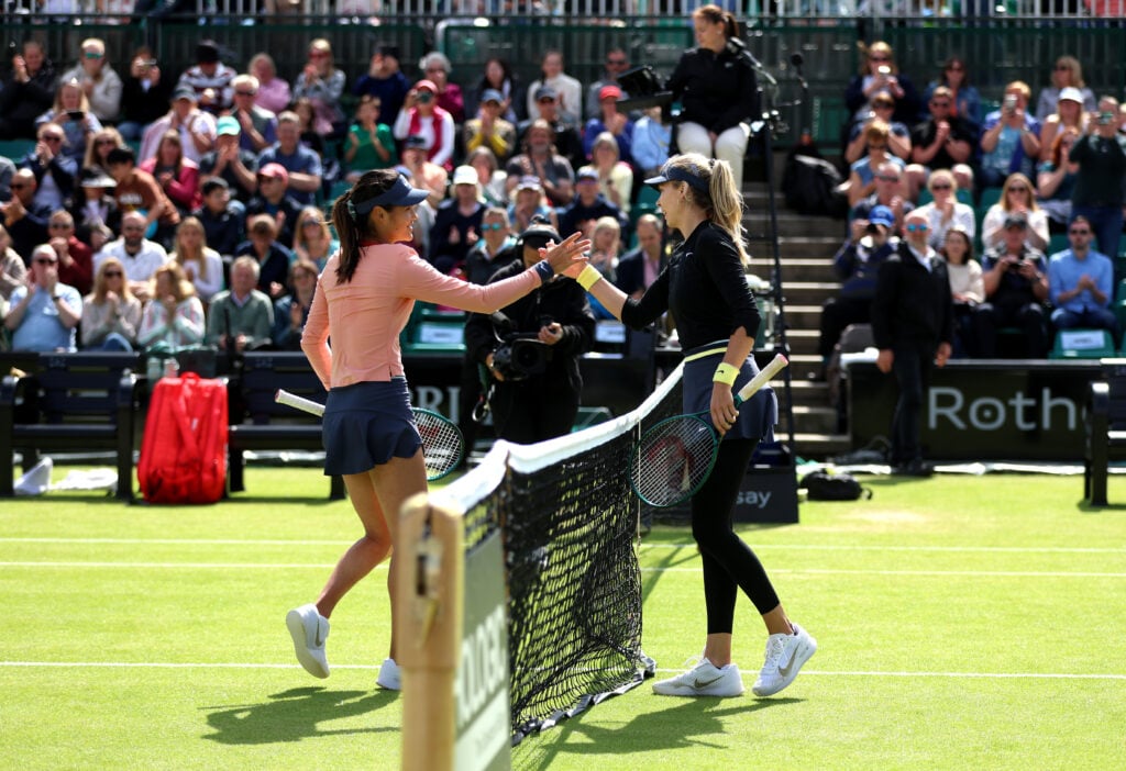 Katie Boulter (R) of Great Britain shakes hands with Emma Raducanu of Great Britain following the Women's Singles Semi Final match on Day Seven of the Rothesay Open Nottingham at Lexus Nottingham Tennis Centre on June 16, 2024 in Nottingham, England.