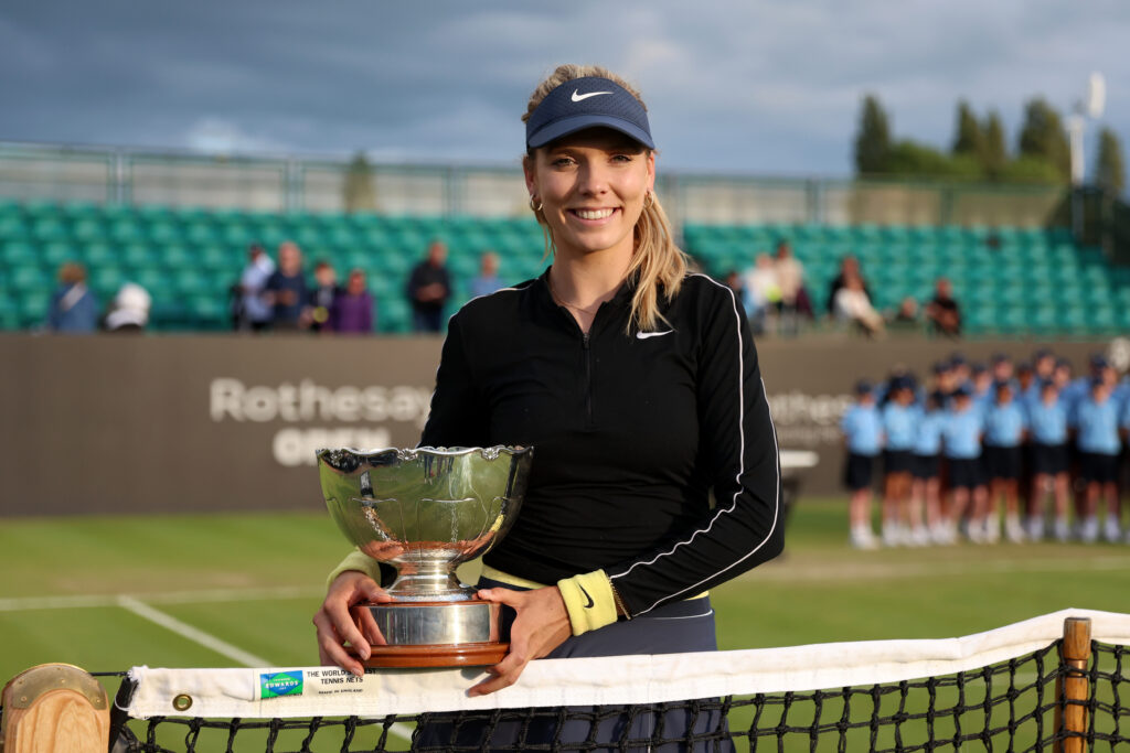 Katie Boulter of Great Britain poses for a photo with the Rothesay Open Nottingham, Elena Baltacha trophy following victory against Karolina Pliskova of Czechia in the Women's Singles Final match on Day Seven of the Rothesay Open Nottingham at Lexus Nottingham Tennis Centre on June 16, 2024 in Nottingham, England.