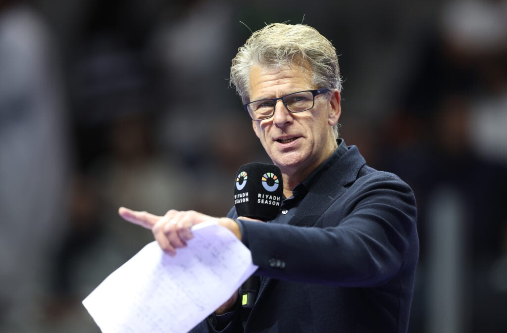 Broadcaster and former tennis player Andrew Castle gestures on the court on day three of the Six Kings Slam 2024 at Kingdom Arena on October 19, 2024 in Riyadh, Saudi Arabia.