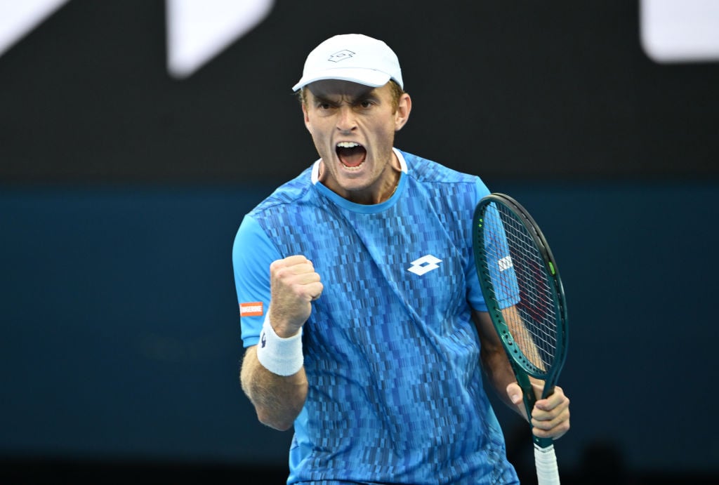 Tristan Schoolkate of Australia celebrates winning the first set against Jannik Sinner of Italy in the Men's Singles Second Round match during day five of the 2025 Australian Open at Melbourne Park on January 16, 2025 in Melbourne, Australia.
