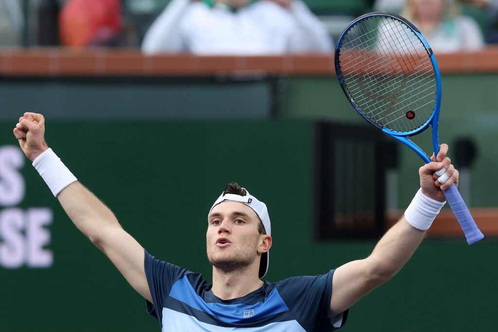 Jack Draper of Great Britain celebrates match point against Taylor Fritz during the BNP Paribas Open at Indian Wells Tennis Garden on March 12, 2025 in Indian Wells, California.