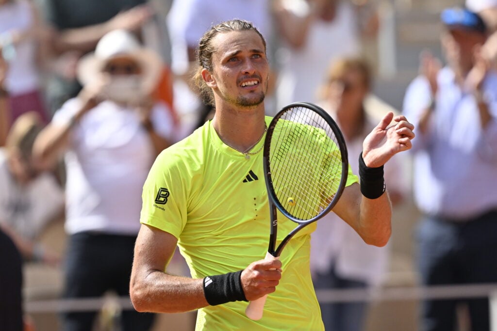 Alexander Zverev reacts after beating Flavio Cobolli at Roland Garros in 2025.