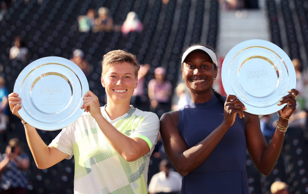 Demi Schuurs of Netherlands and Asia Muhammad of United States pose for a photo with the HSBC Championships 2025 Doubles Winners Trophy following victory over Anna Danilina of Kazakhstan and Diana Shnaider in the Women's Doubles Final on Day Seven of the 2025 HSBC Championships at The Queen's Club on June 15, 2025 in London, England.