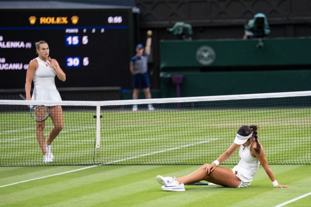 Aryna Sabalenka and Emma Raducanu pictured at Wimbledon in 2025.