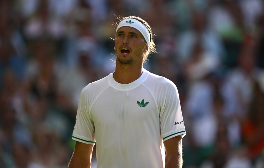 Alexander Zverev looks on during his defeat at Wimbledon in 2025.