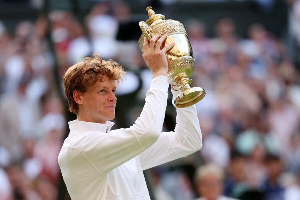 Jannik Sinner celebrates after winning Wimbledon in 2025.