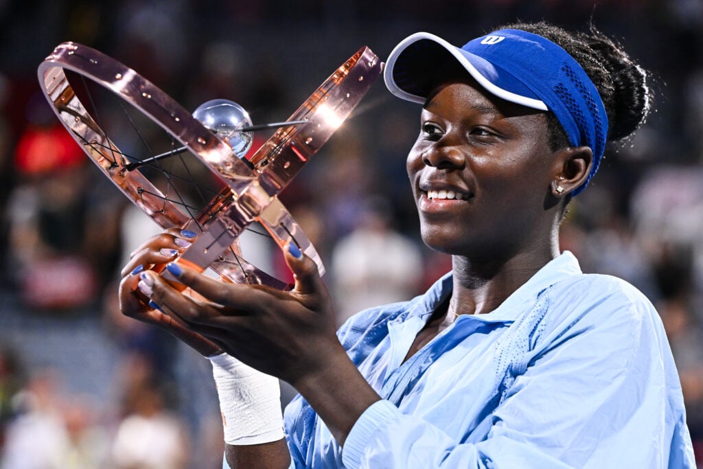 Victoria Mboko celebrates after winning the Canadian Open.