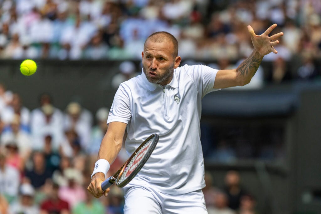 Daniel Evans of Great Britain during his match against Novak Djokovic of Serbia in the second round of the Gentlemen's Singles Competition on Centre Court during the Wimbledon Lawn Tennis Championships at the All England Lawn Tennis and Croquet Club at Wimbledon on July 3rd, 2025, in London, England.