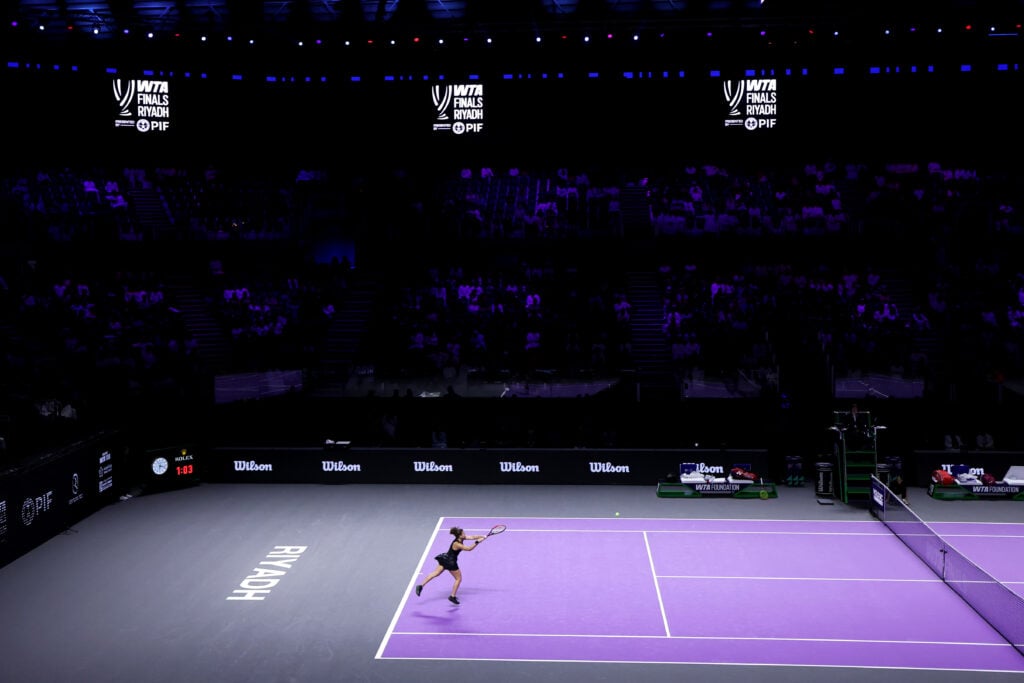 A general view of Jasmine Paolini playing against Aryna Sabalenka at the 2025 WTA Finals in Riyadh, Saudi Arabia.