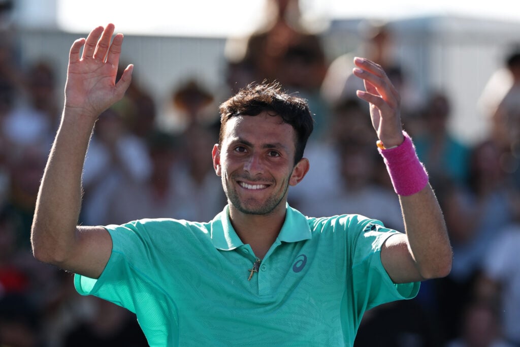 Emilio Nava of the United States celebrates his victory against Kyrian Jacquet of France in the Men's Singles First Round during day one of the 2026 Australian Open at Melbourne Park on January 18, 2026 in Melbourne, Australia.