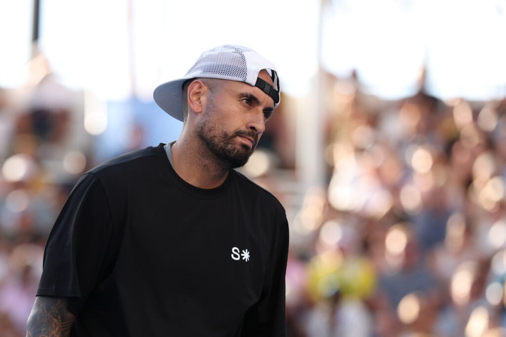 Nick Kyrgios of Australia is seen while competing with Leylah Fernandez of Canada in the Mixed Doubles First Round against Desirae Krawczyk of the United States and Neal Skupski of Great Britain during day six of the 2026 Australian Open at Melbourne Park on January 23, 2026 in Melbourne, Australia.