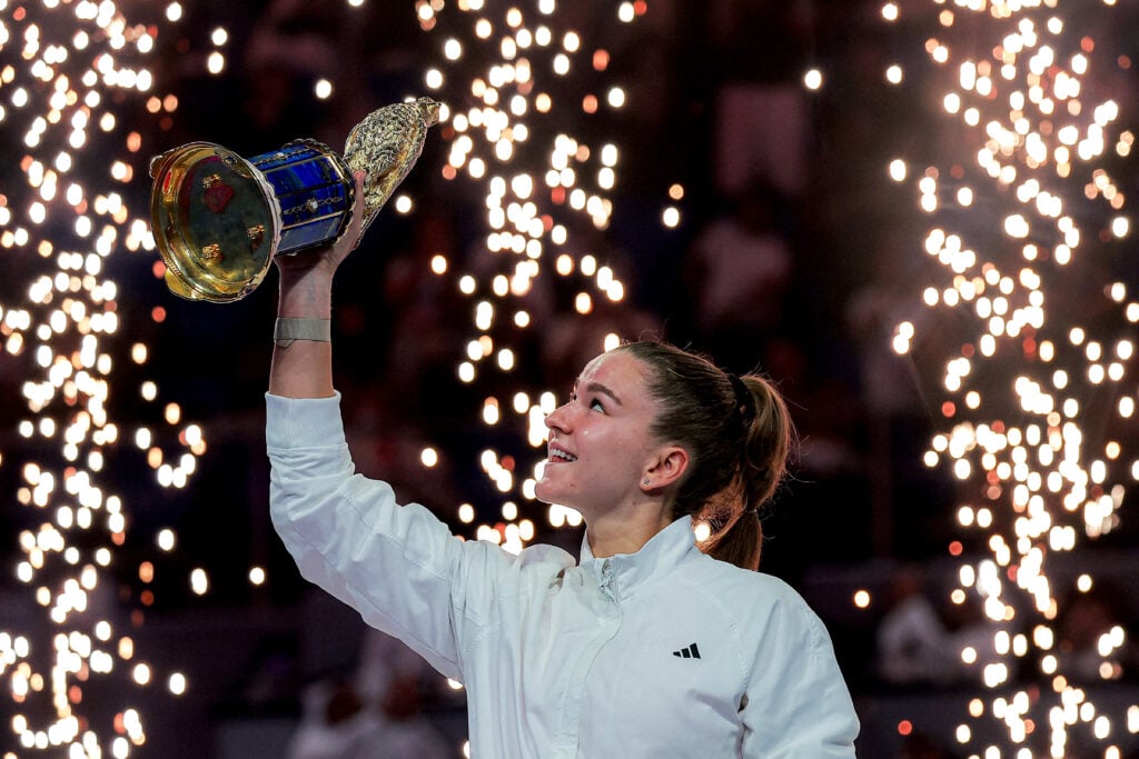 Karolina Muchova celebrates after winning the Qatar Open.