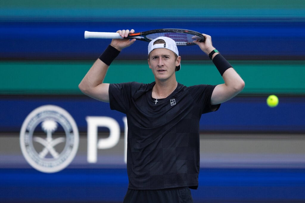 Sebastian Korda reacts during his match against Carlos Alcaraz at the 2026 Miami Open.