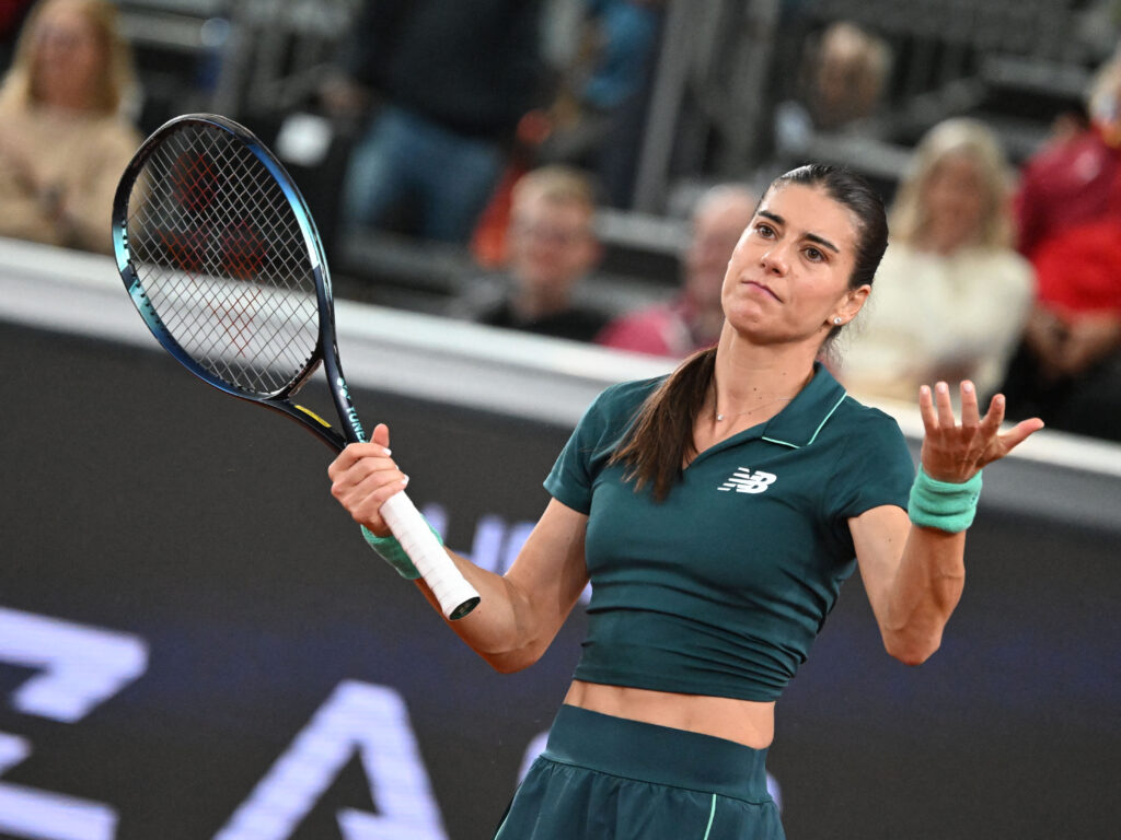 Romania's Sorana Cirstea reacts during her match against Mirra Andreeva (not pictured) on the day 5 of the women's singles match of the WTA-Upper Austria Ladies Linz tennis tournament in Linz, Austria, on April 10, 2026.