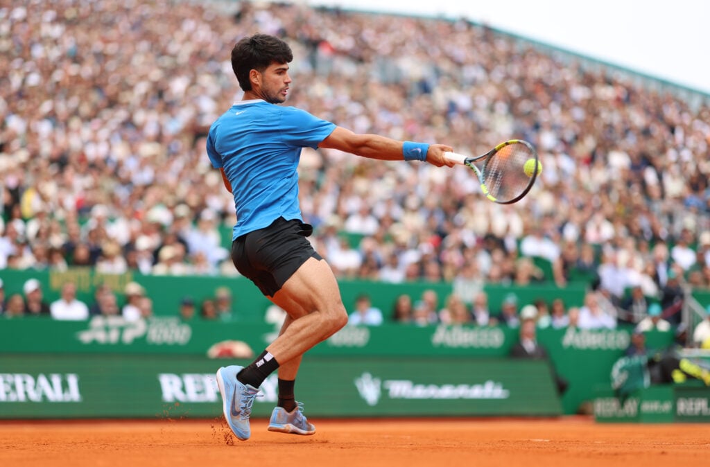 Carlos Alcaraz of Spain plays a forehand against Jannik Sinner of Italy during the Men's Singles Final during day eight of the Rolex Monte-Carlo Masters at Monte-Carlo Country Club on April 12, 2026 in Monte-Carlo, Monaco.