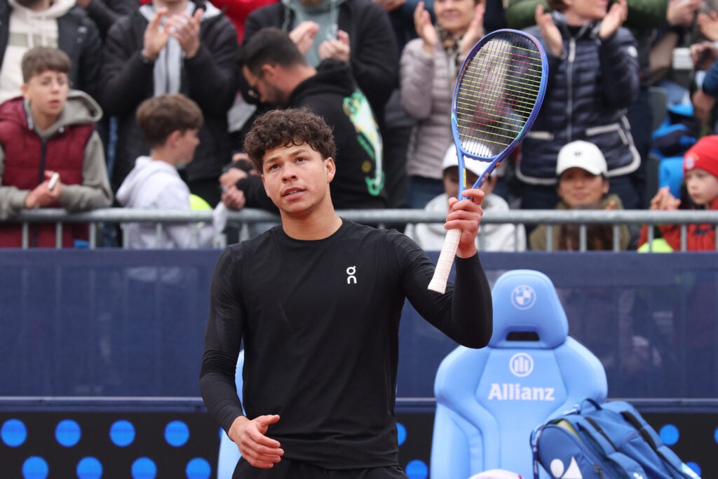 Ben Shelton of USA celebrates after winning his match against Emilio Nava of USA on day three of the BMW Open at MTTC IPHITOS on April 13, 2026 in Munich, Germany.