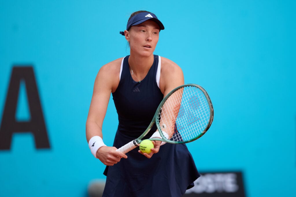 Alina Charaeva serves against Nikola Bartunkova of the Czech Republic during the Women’s Singles match at Stadium 3 on day two of the Mutua Madrid Open at La Caja Magica on April 21, 2026 in Madrid, Spain.