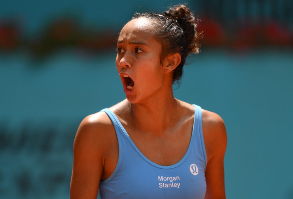 Leylah Fernandez of Canada celebrates victory against Iva Jovic of United States in the Women’s Singles Round of 32 match during day six of the Mutua Madrid Open at La Caja Magica on April 25, 2026 in Madrid, Spain.