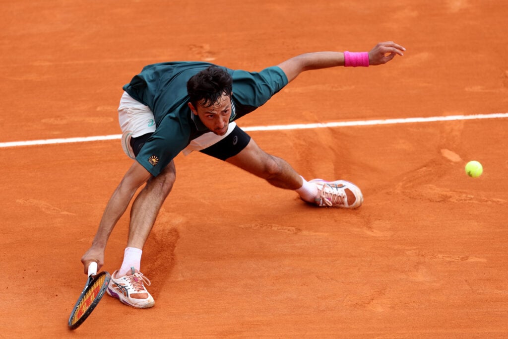 Emilio Nava of USA plays a forehand against Jiri Lehecka of Czech Republic during their Men's Singles First Round match on day two of the Rolex Monte-Carlo Masters at Monte-Carlo Country Club on April 06, 2026 in Monte-Carlo, Monaco.