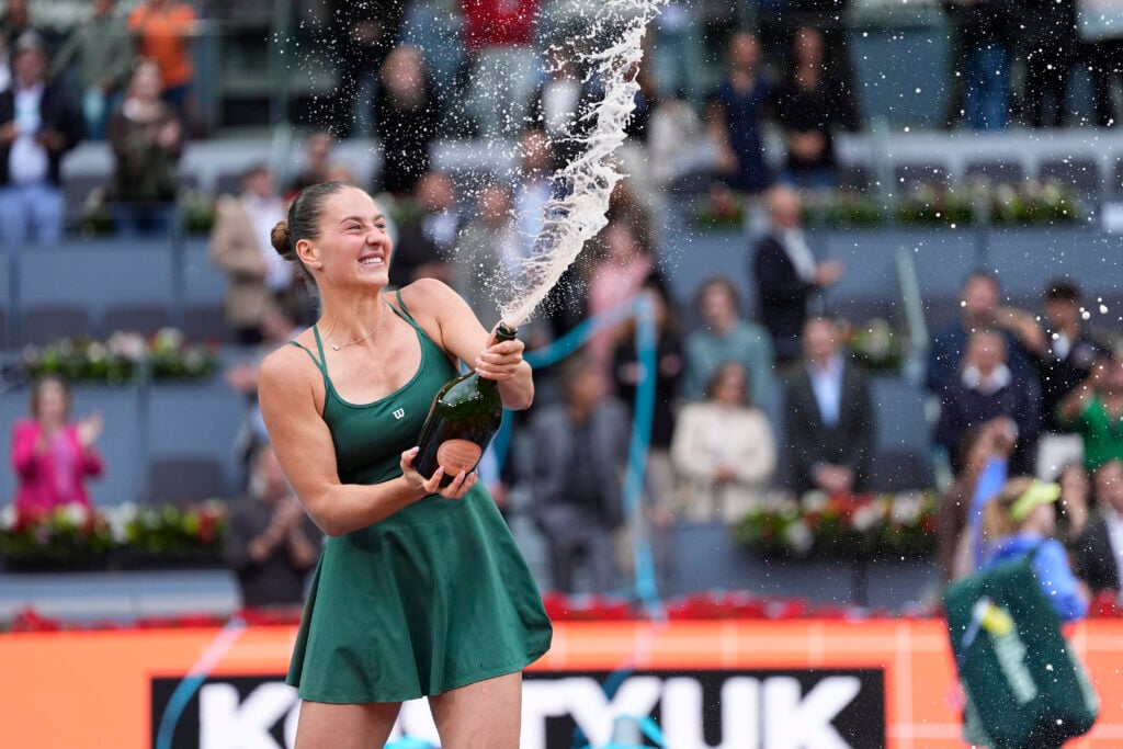 Marta Kostyuk of Ukraine celebrates the victory after winning against Mirra Andreeva of Russia during the Women's Singles Final of Mutua Madrid Open 2026 at La Caja Magica on May 02, 2026 in Madrid, Spain.