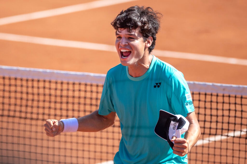 Juan Carlos Prado Angelo of Bolivia celebrates his victory against Coleman Wong of Hong Kong on Court Fourteen in round three of the Qualifying competition during the 2026 French Open Tennis Tournament at Roland Garros on May 21st, 2026, in Paris, France.
