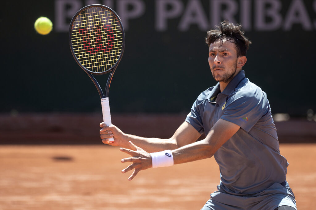 Emilio Nava of the United States during his match against Pedro Martinez of Spain on Court Seven in round three of the Qualifying competition during the 2026 French Open Tennis Tournament at Roland Garros on May 22nd, 2026, in Paris, France.