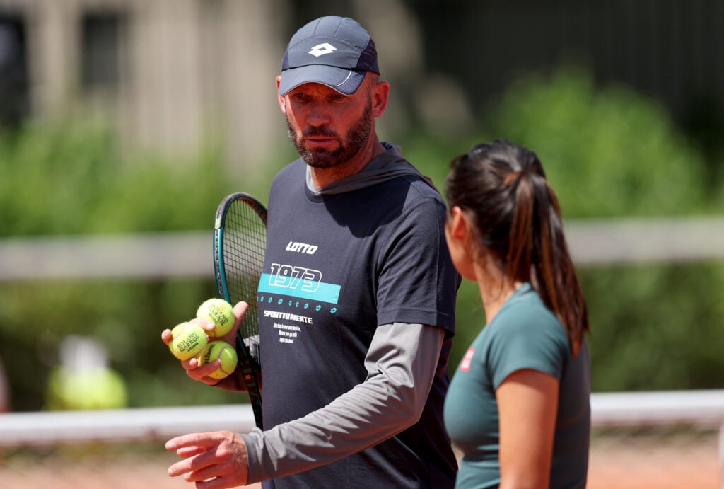 Emma Raducanu of Great Britain with her coach Andrew Richardson during a practice session prior to the 2026 French Open at Roland Garros on May 23, 2026 in Paris, France.
