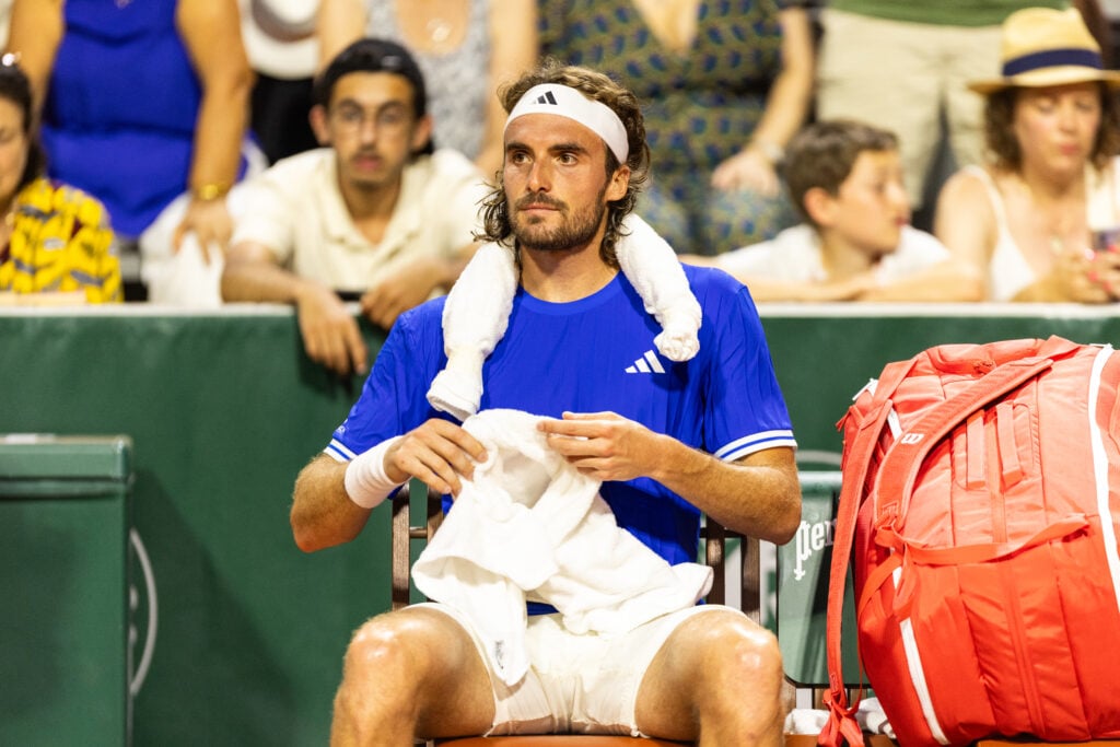 Stefanos Tsitsipas reacts during his men's singles match against Matteo Arnaldi on day 5 of the French Open tennis tournament on Court 14 at the Roland-Garros Complex in Paris, France.