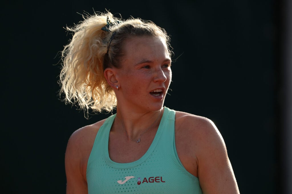 Katerina Siniakova looks on during her match at Roland Garros in 2026.