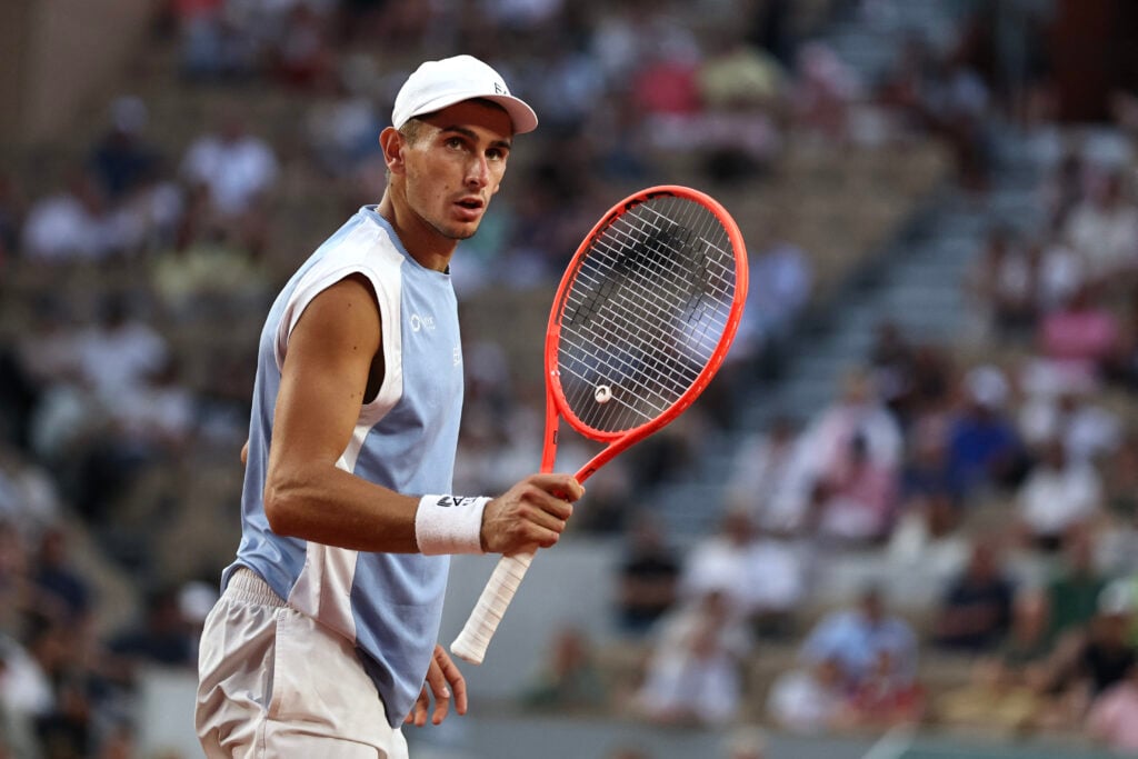 Matteo Arnaldi celebrates against Frances Tiafoe at the 2026 French Open.