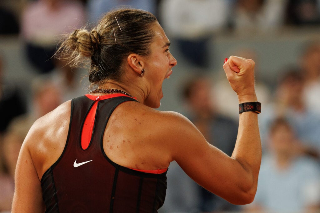 Aryna Sabalenka of Belarus celebrates victory against Naomi Osaka of Japan during Day Nine of the 2026 French Open at Roland Garros on June 01, 2026 in Paris, France.