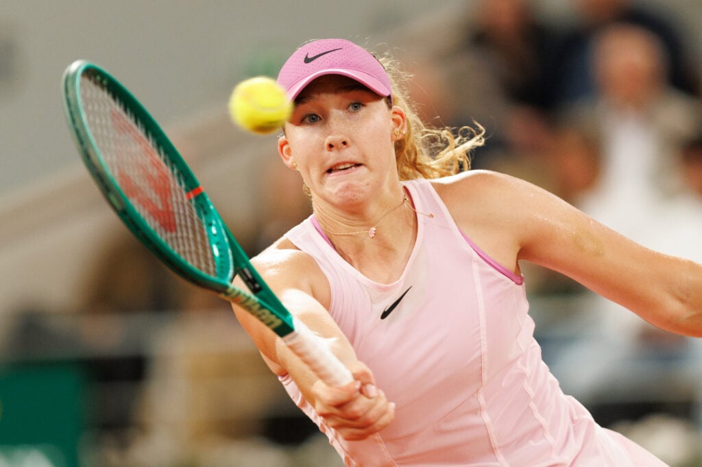 Mirra Andreeva plays a forehand against Sorana Cirstea of Romania during Day Ten of the 2026 French Open at Roland Garros on June 02, 2026 in Paris, France.