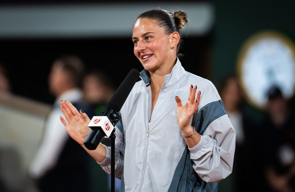 Marta Kostyuk of Ukraine during her post-match interview after defeating Elina Svitolina of Ukraine in the quarter-final on Day Ten of the 2026 French Open at Roland Garros on June 02, 2026 in Paris, France