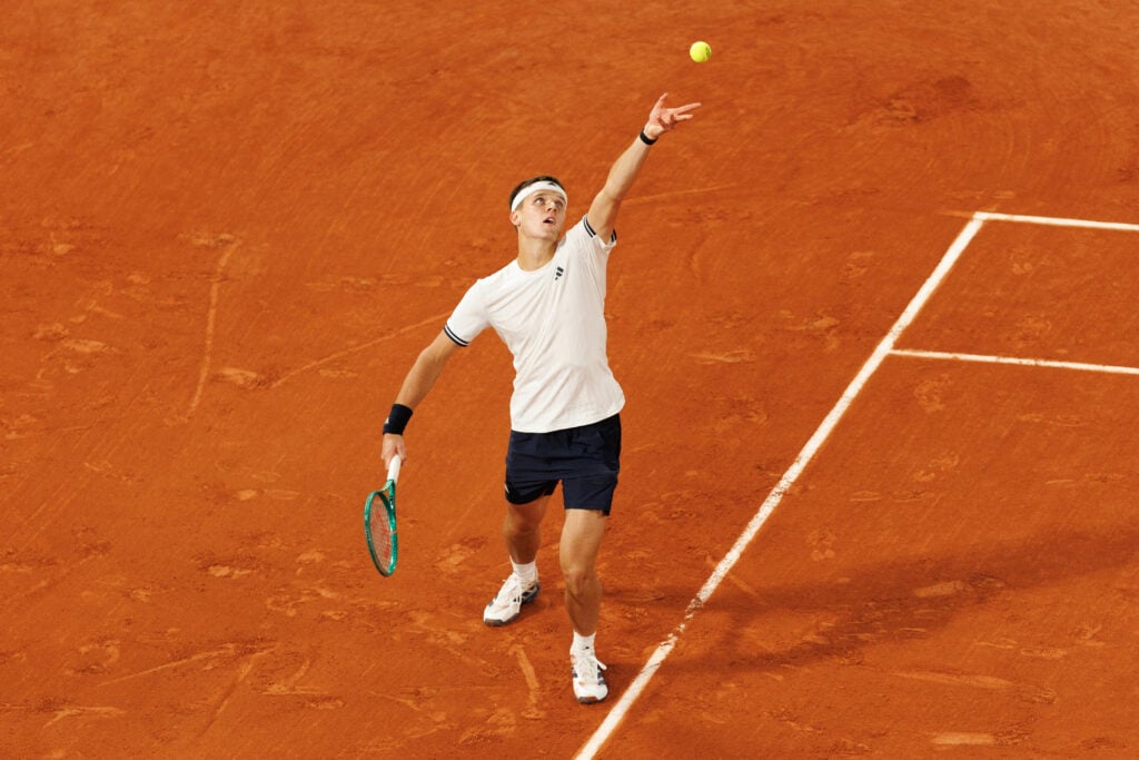 Jakub Mensik of Czechia serves against Joao Fonseca of Brazil during Day Ten of the 2026 French Open at Roland Garros on June 02, 2026 in Paris, France.