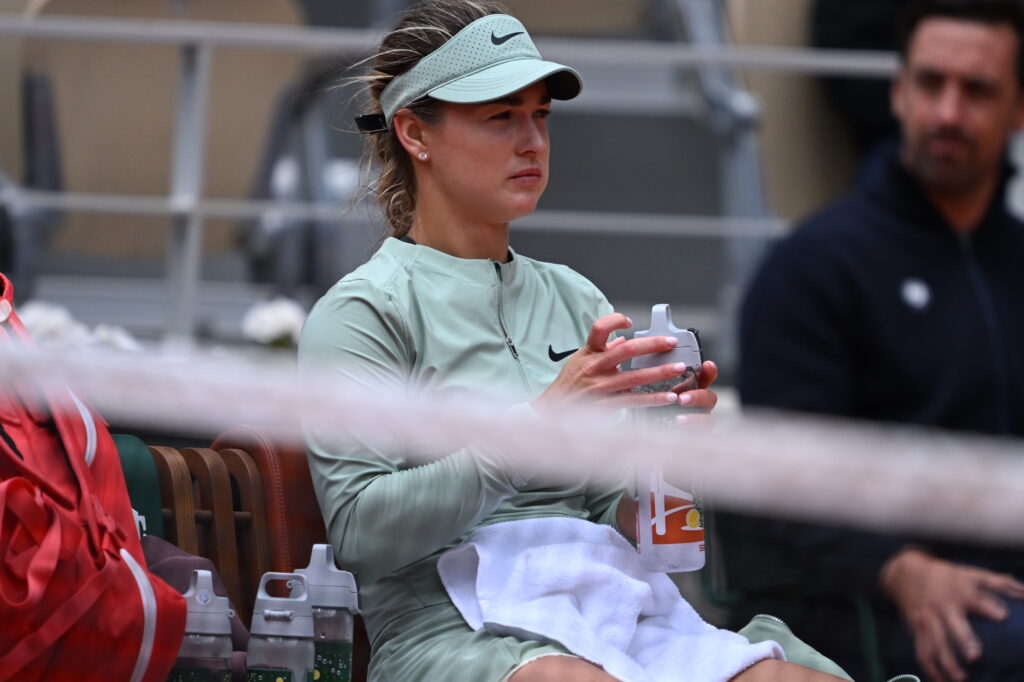 Anna Kalinskaya plays against Maja Chwalinska of Poland during their Women's Singles quarter-final match on Day Eleven of the 2026 French Open at Roland Garros on June 03, 2026 in Paris, France.