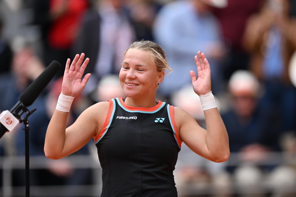 Diana Shnaider makes a speech after women's singles quarter-final match against Aryna Sabalenka on the eleventh day of the French Open at Philippe-Chatrier Court in Paris, France, on June 3, 2026.