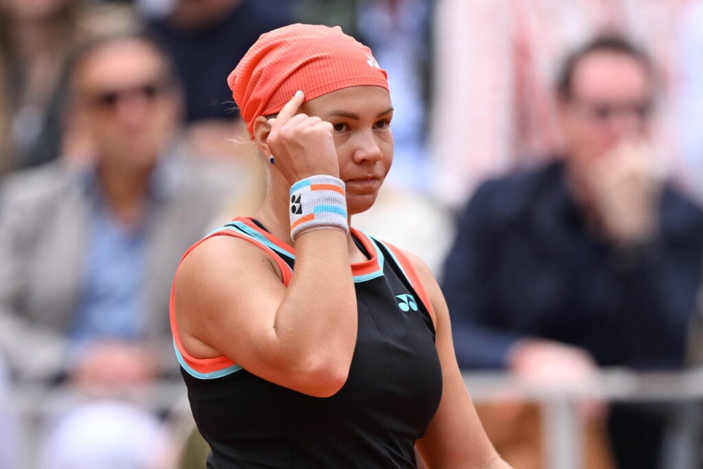 Diana Shnaider reacts during her win over Aryna Sabalenka at the 2026 French Open.