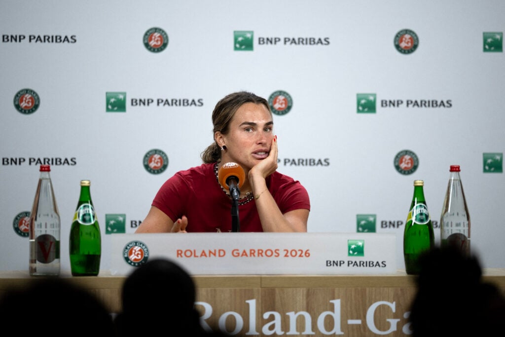 Aryna Sabalenka addresses the media during a press conference after being defeated by Diana Shnaider during their women's quarter final singles match on day 11 of the French Open tennis tournament on Court Philippe-Chatrier at the Roland-Garros Complex in Paris on June 3, 2026.