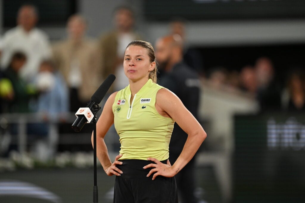 Maja Chwalinska speaks in her on-court interview after beating Diana Shnaider at Roland Garros in 2026.