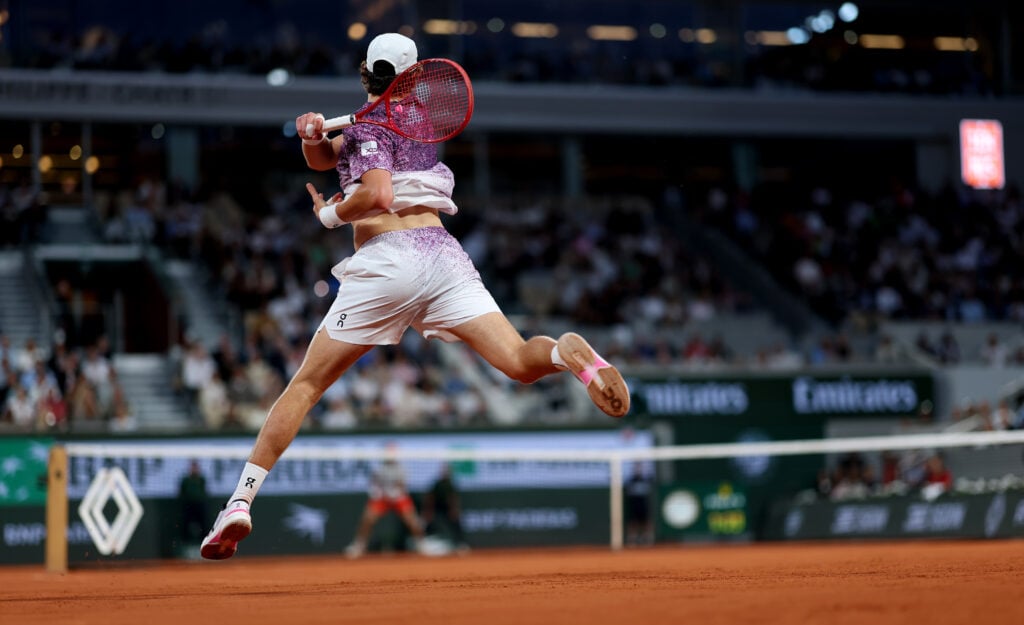 Joao Fonseca hits a forehand at the 2026 French Open.