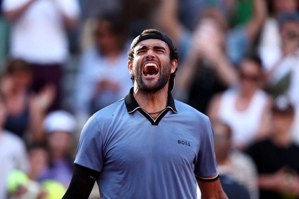 Matteo Berrettini of Italy celebrates winning match point against Juan Manuel Cerundolo of Argentina during their Men's Singles fourth round match on Day Nine of the 2026 French Open at Roland Garros on June 01, 2026 in Paris, France.
