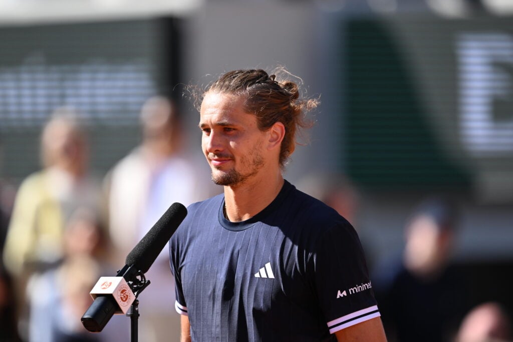 Alexander Zverev speaks to the crowd after reaching the French Open final.