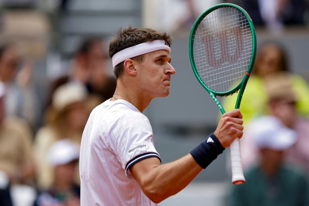 Jakub Mensik celebrates during his semi-final defeat to Alexander Zverev at Roland Garros.