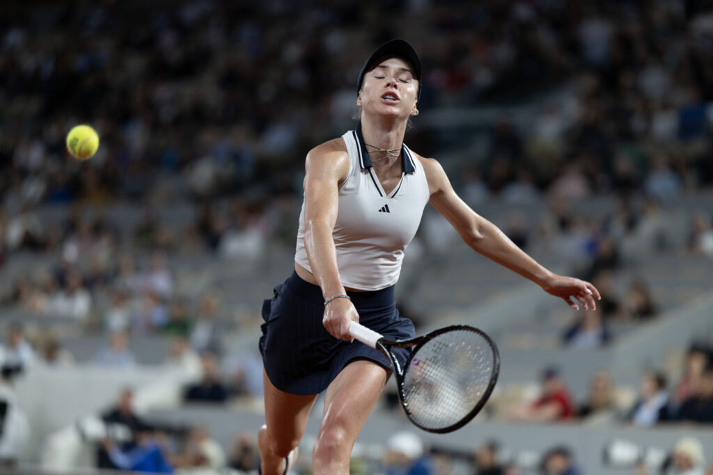 Elina Svitolina of Ukraine is beaten by a shot during her match against Marta Kostyuk of Ukraine on Court Philippe Chatrier in the Quarter-Final round of the singles competition at the 2026 French Open Tennis Tournament at Roland Garros on June 2nd, 2026, in Paris, France.