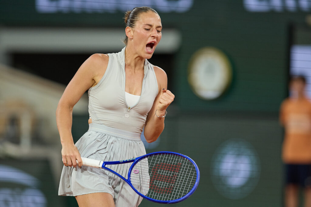 Marta Kostyuk of Ukraine celebrates a point against Elina Svitolina of Ukraine during their Women's Singles quarter-final match on Day Ten of the 2026 French Open at Roland Garros on June 02, 2026 in Paris, France.
