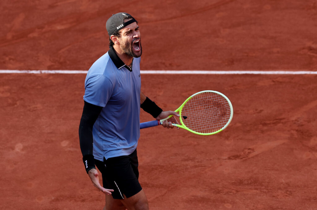 Matteo Berrettini celebrates at the 2026 French Open.